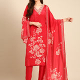 Red Crepe Floral print three piece suit set