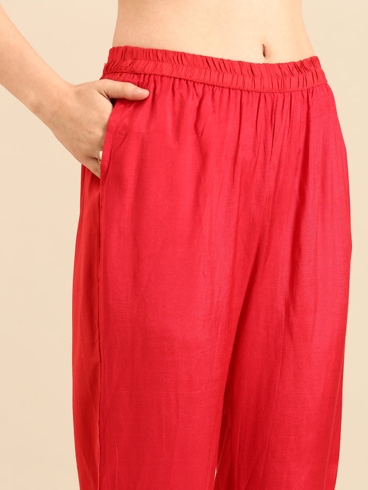 Red Crepe Floral print three piece suit set