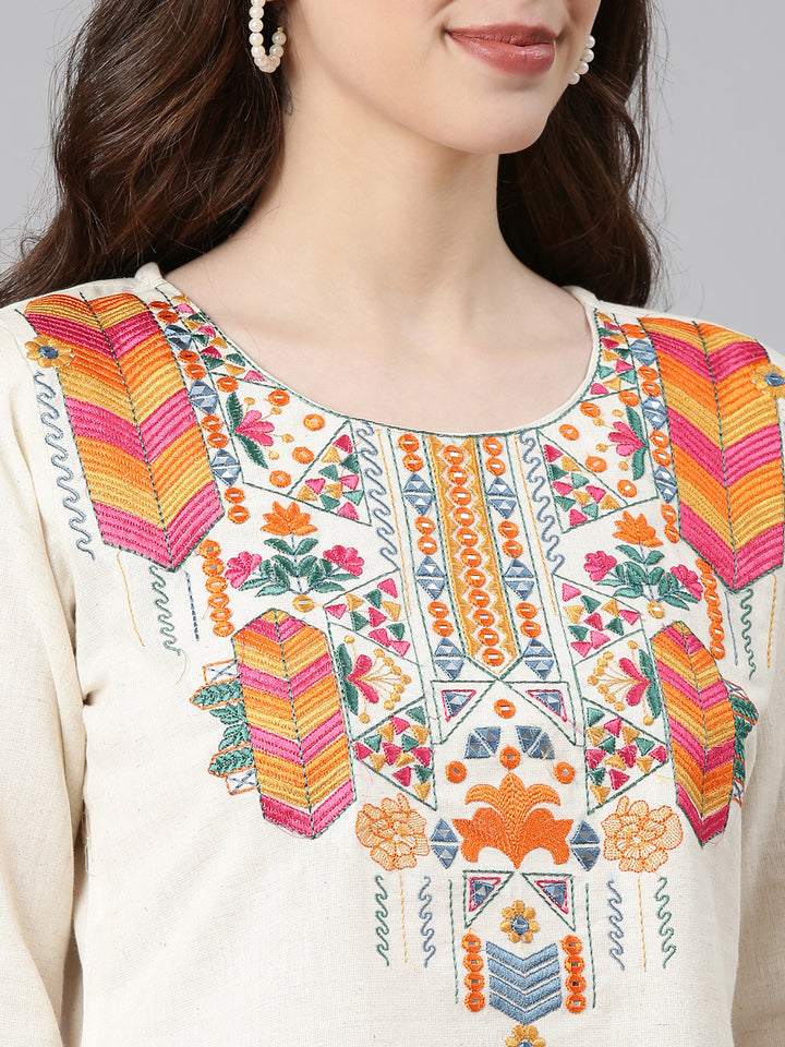 Neerus Off white Embroidered Straight Kurta and Trousers With Dupatta