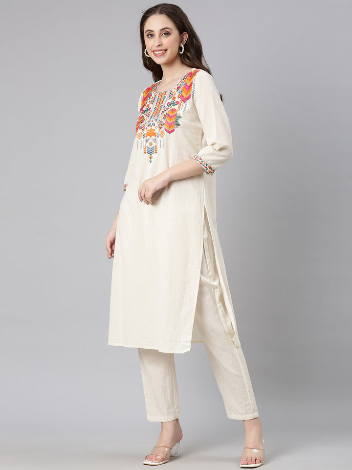Neerus Off white Embroidered Straight Kurta and Trousers With Dupatta
