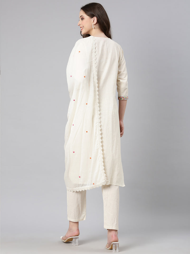 Neerus Off white Embroidered Straight Kurta and Trousers With Dupatta