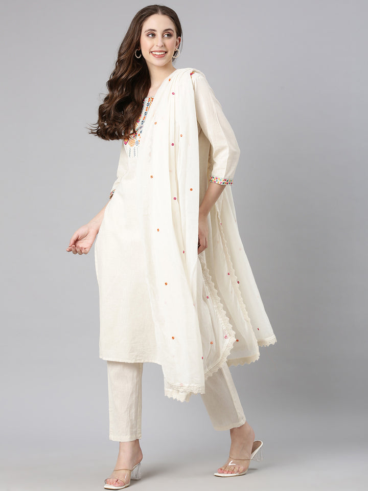 Neerus Off white Embroidered Straight Kurta and Trousers With Dupatta