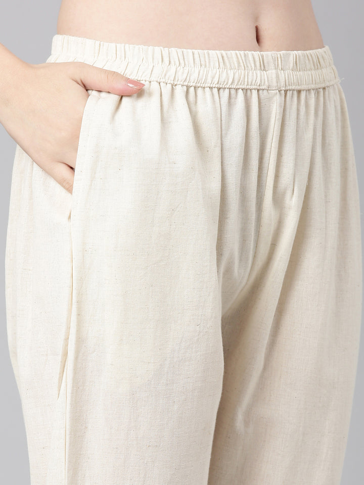 Neerus Off white Embroidered Straight Kurta and Trousers With Dupatta