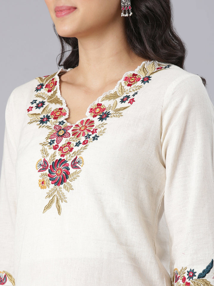 Neerus Off White Embroidered Straight Kurta And Trousers With Dupatta
