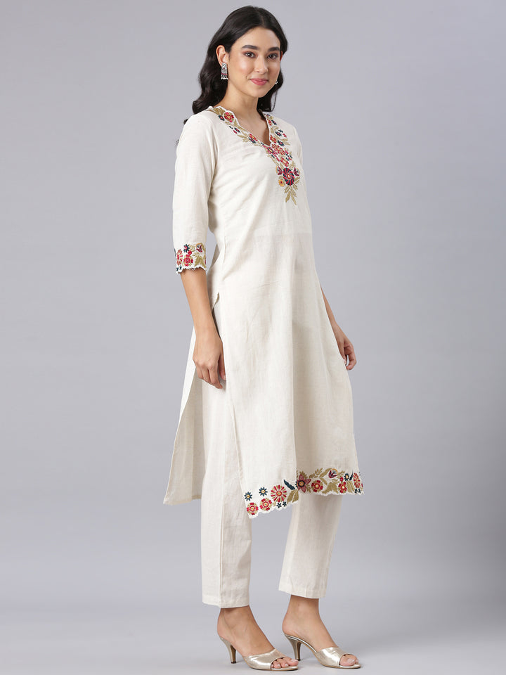 Neerus Off White Embroidered Straight Kurta And Trousers With Dupatta
