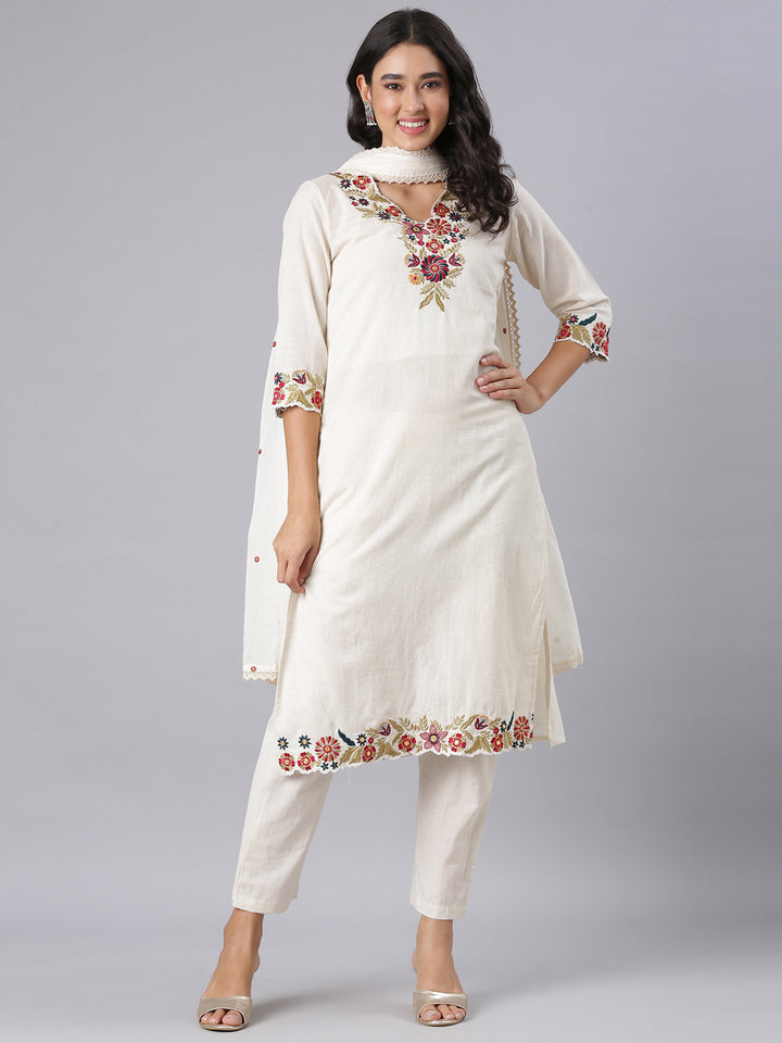 Neerus Off White Embroidered Straight Kurta And Trousers With Dupatta