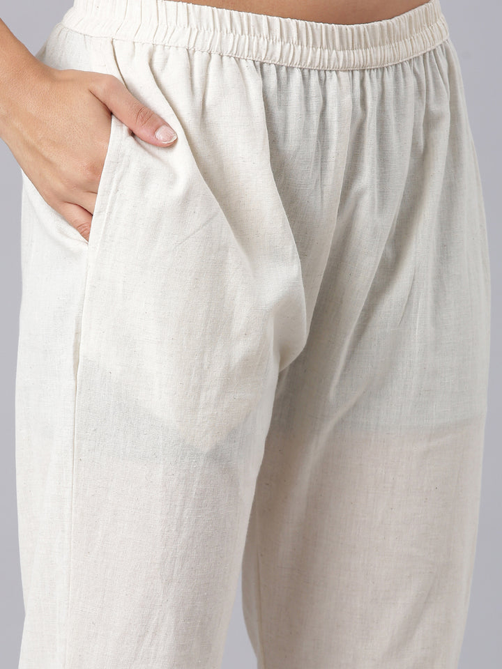 Neerus Off White Embroidered Straight Kurta And Trousers With Dupatta