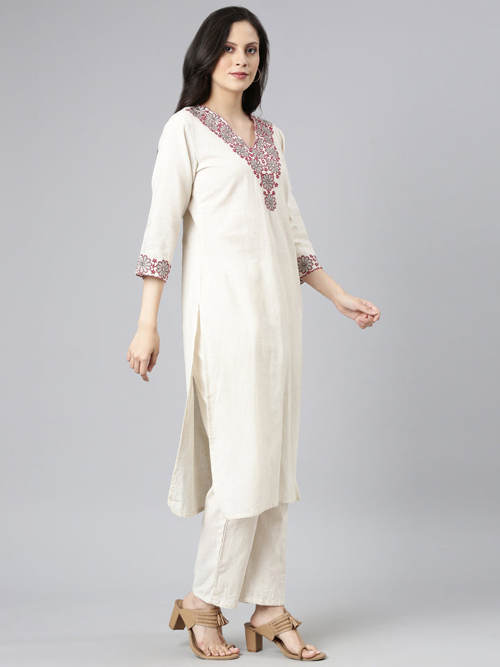 Neerus Off White Solid Straight Kurta and Trousers With Dupatta