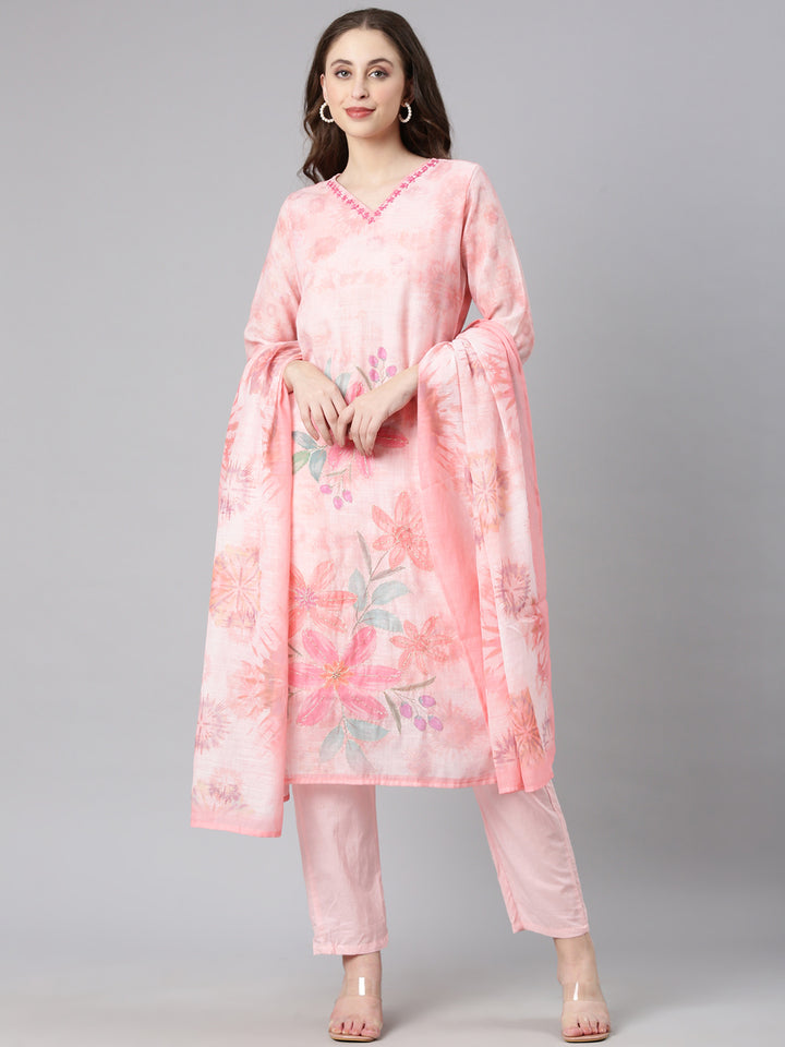 Neerus Peach Printed Straight Kurta and Trousers With Dupatta