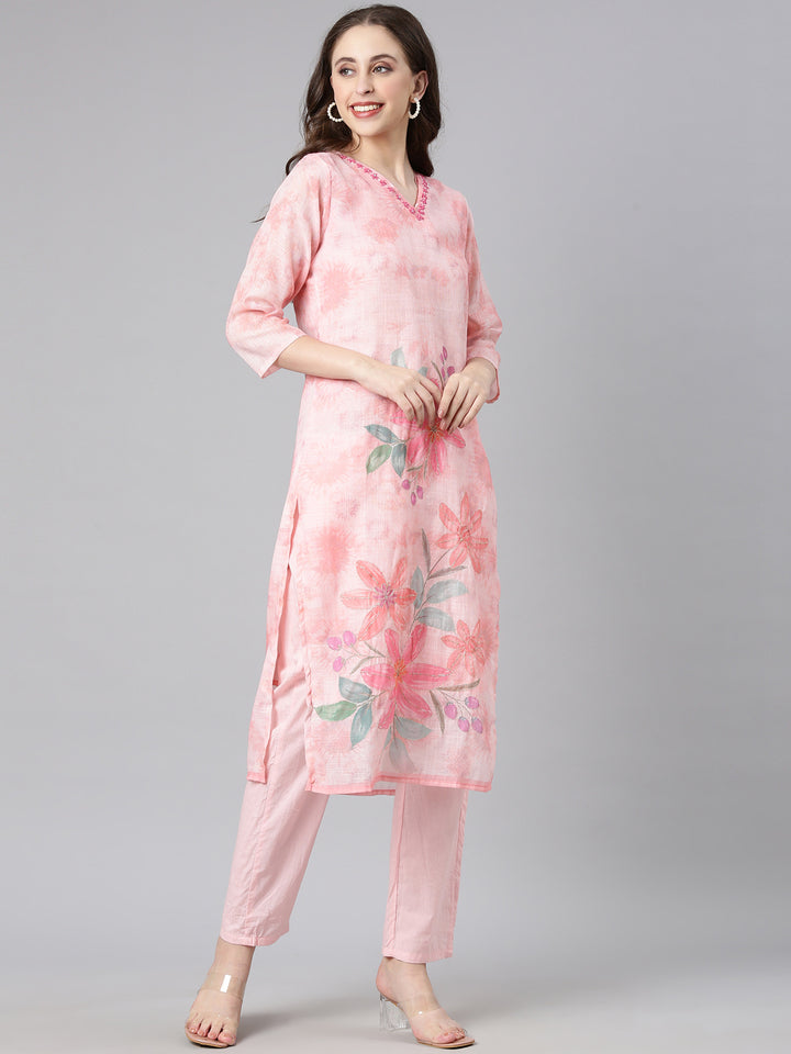 Neerus Peach Printed Straight Kurta and Trousers With Dupatta