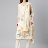 Neerus Yellow Printed Straight Kurta and Trousers With Dupatta