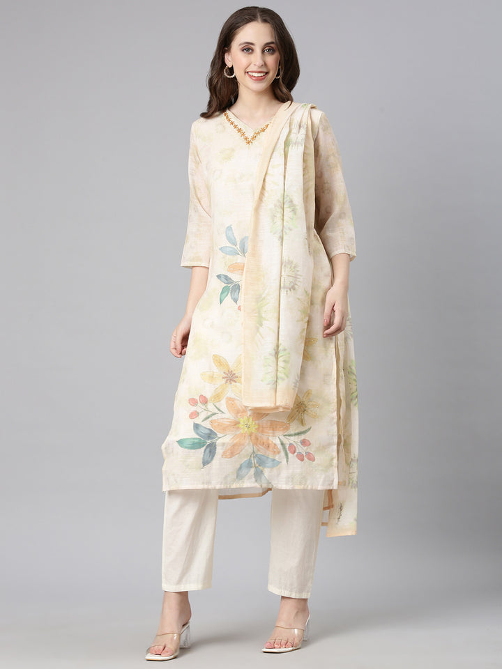 Neerus Yellow Printed Straight Kurta and Trousers With Dupatta