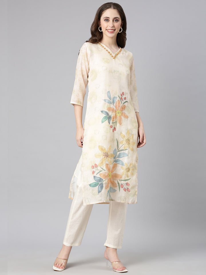 Neerus Yellow Printed Straight Kurta and Trousers With Dupatta
