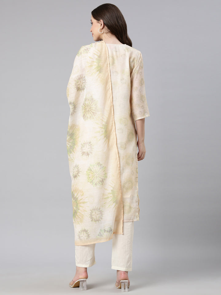 Neerus Yellow Printed Straight Kurta and Trousers With Dupatta