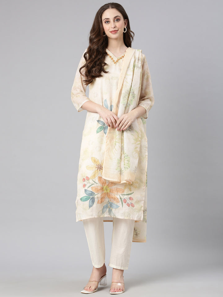 Neerus Yellow Printed Straight Kurta and Trousers With Dupatta
