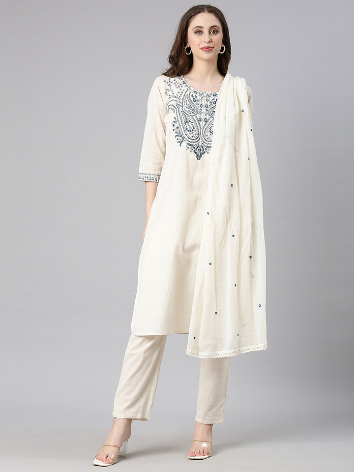 Neerus Off white Embroidered Straight Kurta and Trousers With Dupatta