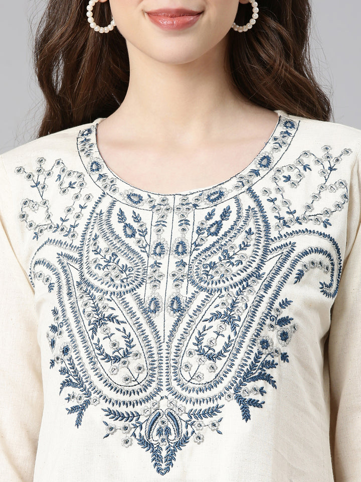 Neerus Off white Embroidered Straight Kurta and Trousers With Dupatta