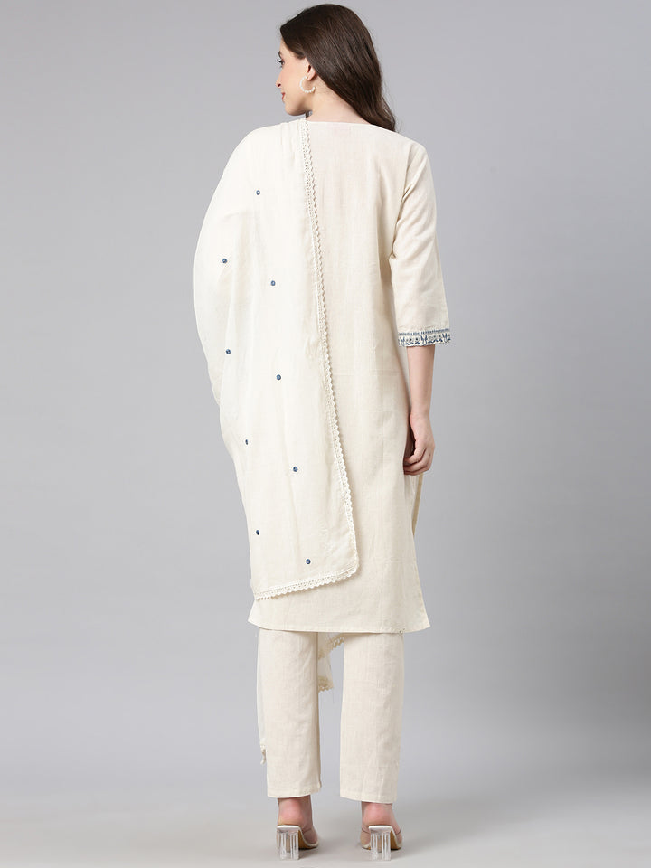 Neerus Off white Embroidered Straight Kurta and Trousers With Dupatta