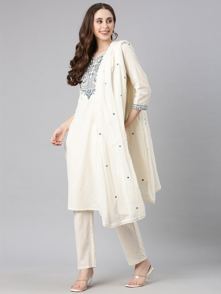 Neerus Off white Embroidered Straight Kurta and Trousers With Dupatta
