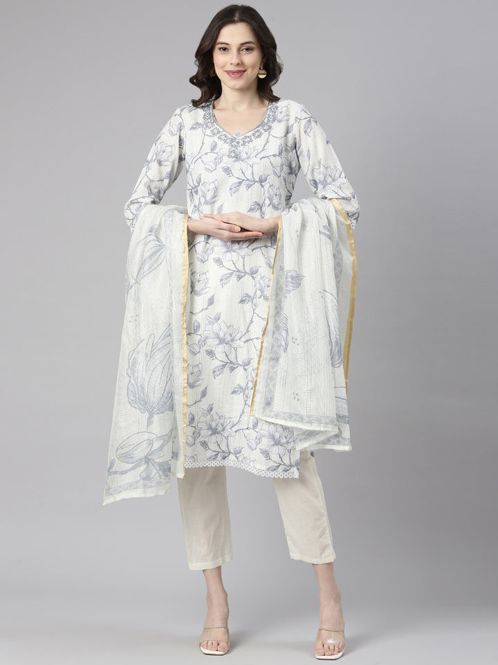 Neerus Grey Printed Straight Kurta and Trousers With Dupatta