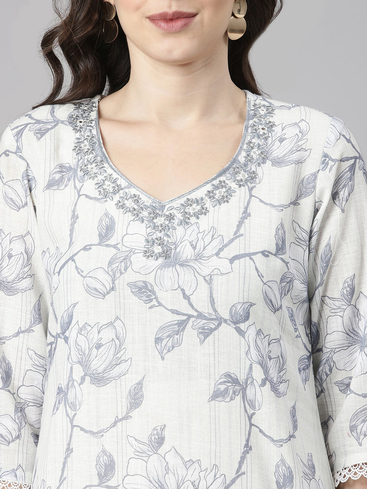 Neerus Grey Printed Straight Kurta and Trousers With Dupatta