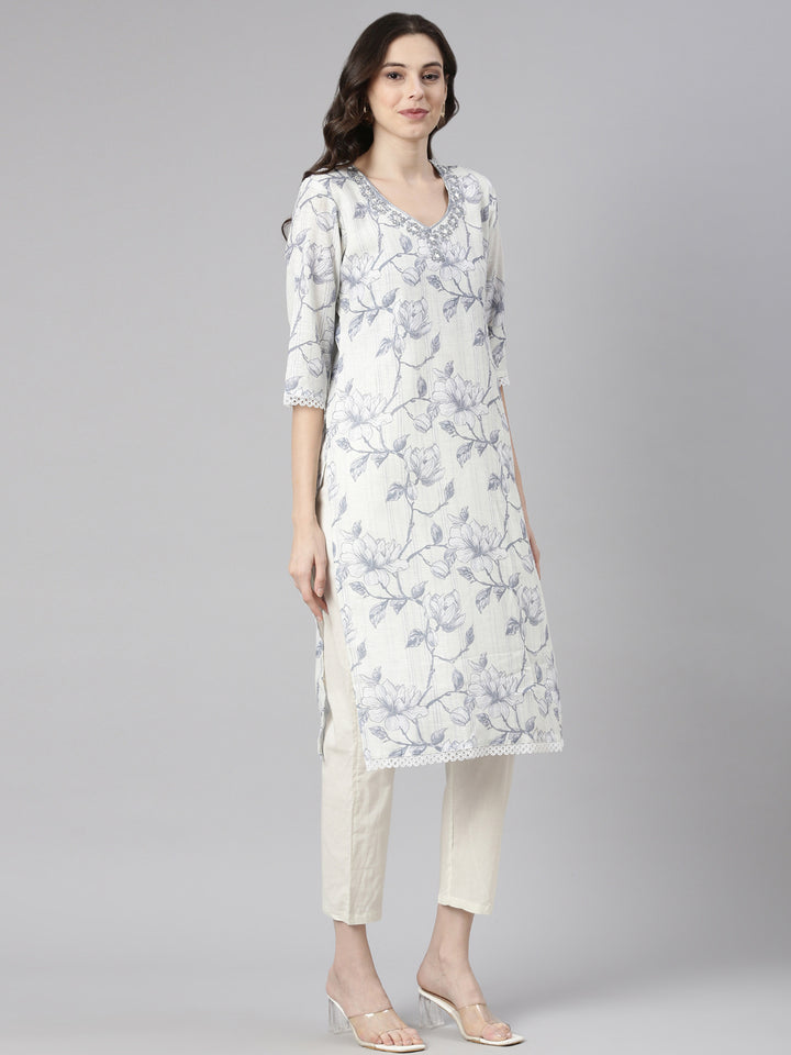 Neerus Grey Printed Straight Kurta and Trousers With Dupatta