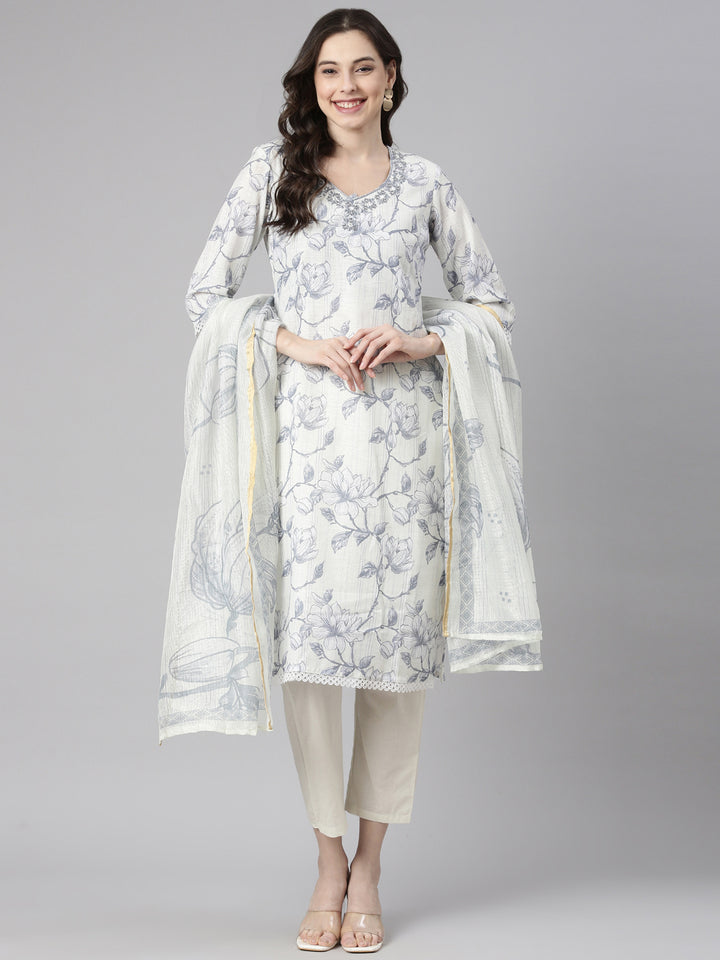 Neerus Grey Printed Straight Kurta and Trousers With Dupatta