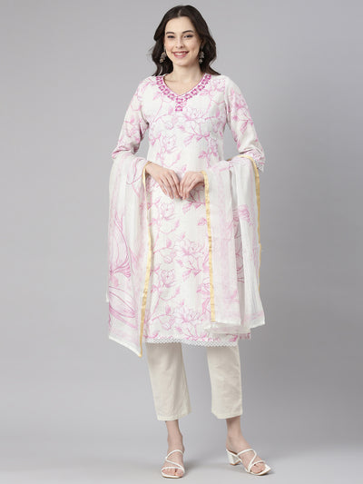 Neerus Lavender Printed Straight Kurta and Trousers With Dupatta