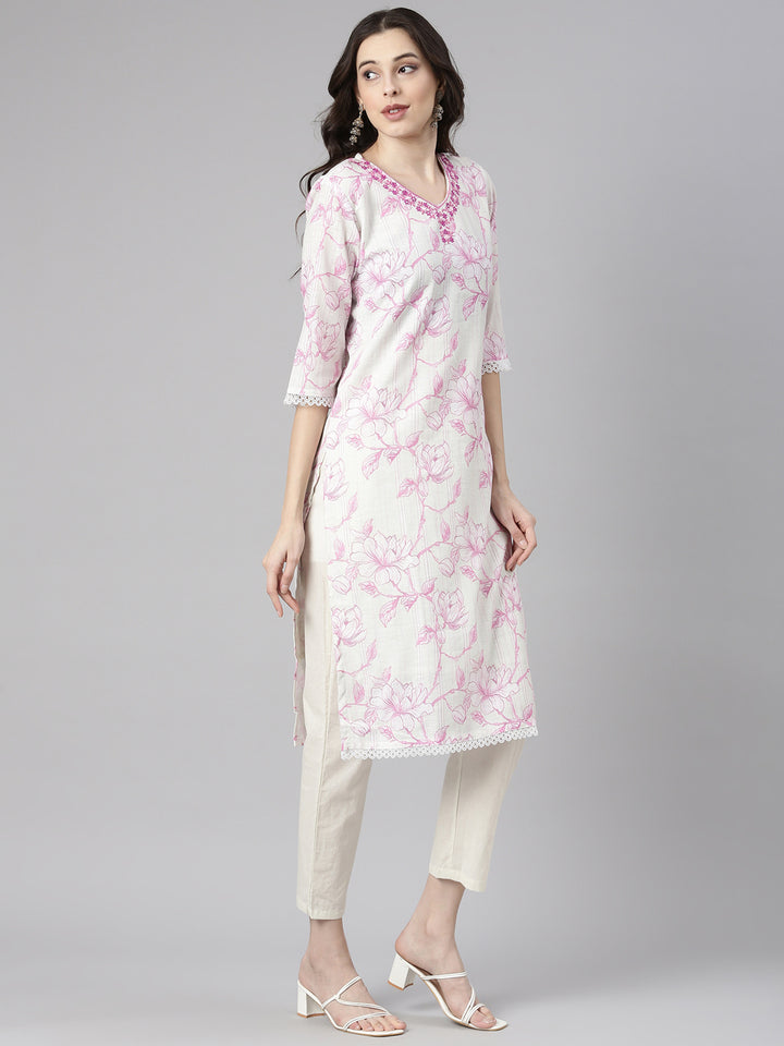 Neerus Lavender Printed Straight Kurta and Trousers With Dupatta
