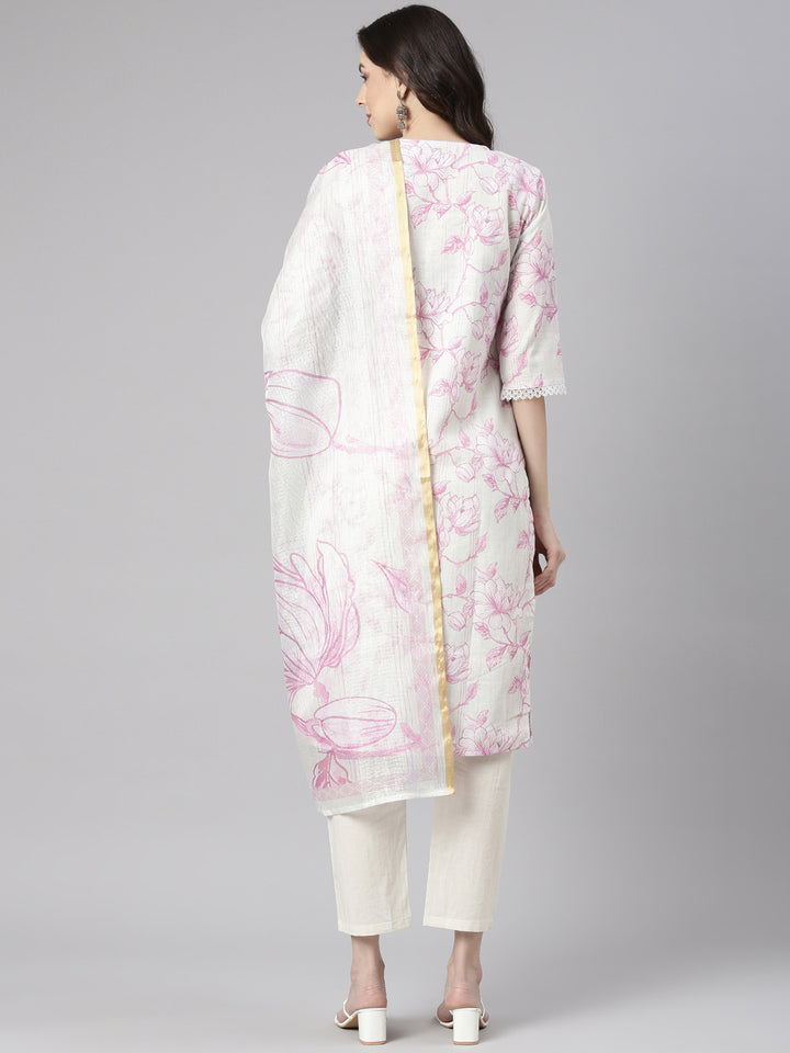 Neerus Lavender Printed Straight Kurta and Trousers With Dupatta