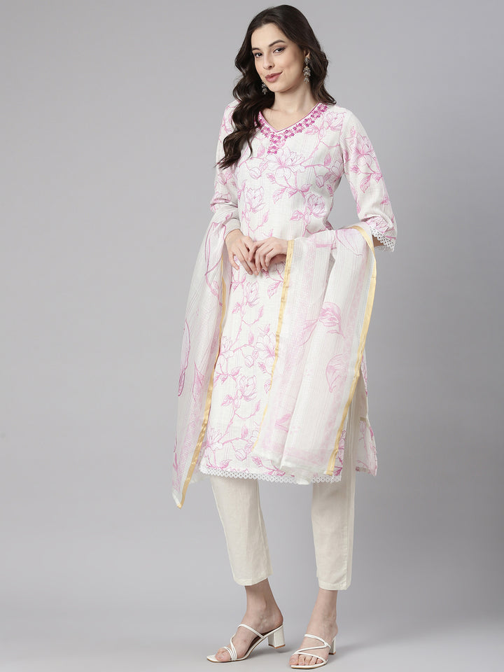Neerus Lavender Printed Straight Kurta and Trousers With Dupatta