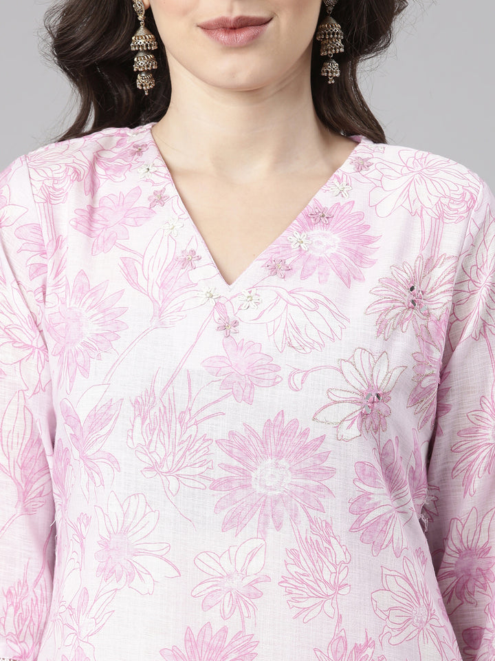 Neerus Lavender Printed Straight Kurta and Trousers With Dupatta