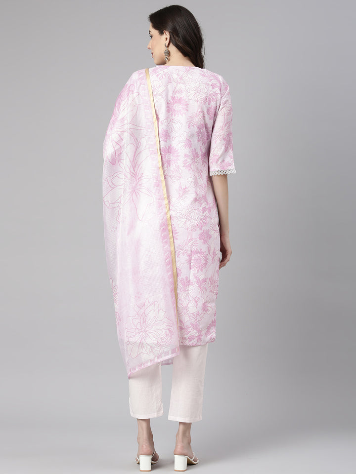 Neerus Lavender Printed Straight Kurta and Trousers With Dupatta