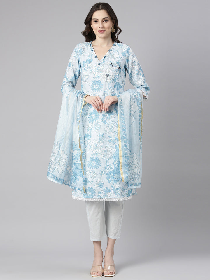 Neerus Blue Printed Straight Kurta and Trousers With Dupatta