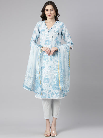 Neerus Blue Printed Straight Kurta and Trousers With Dupatta
