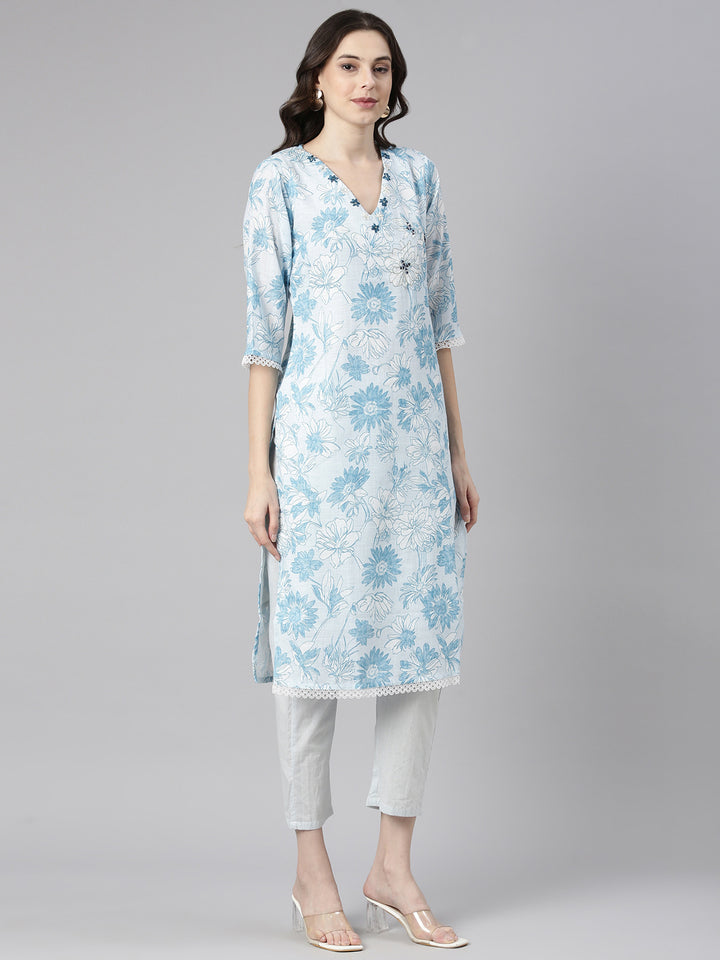Neerus Blue Printed Straight Kurta and Trousers With Dupatta