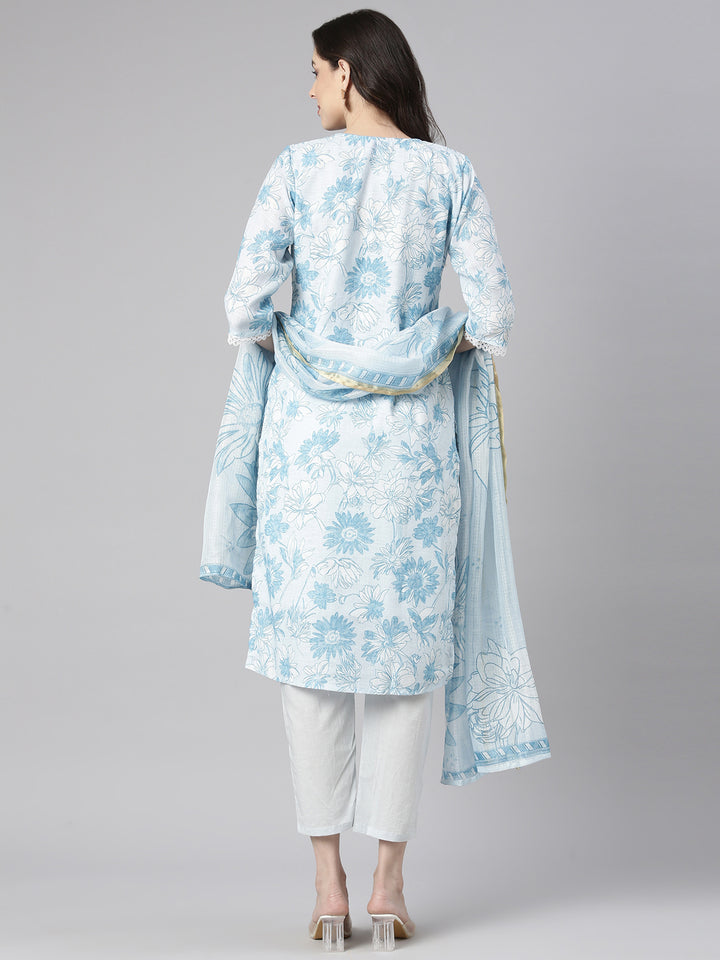 Neerus Blue Printed Straight Kurta and Trousers With Dupatta