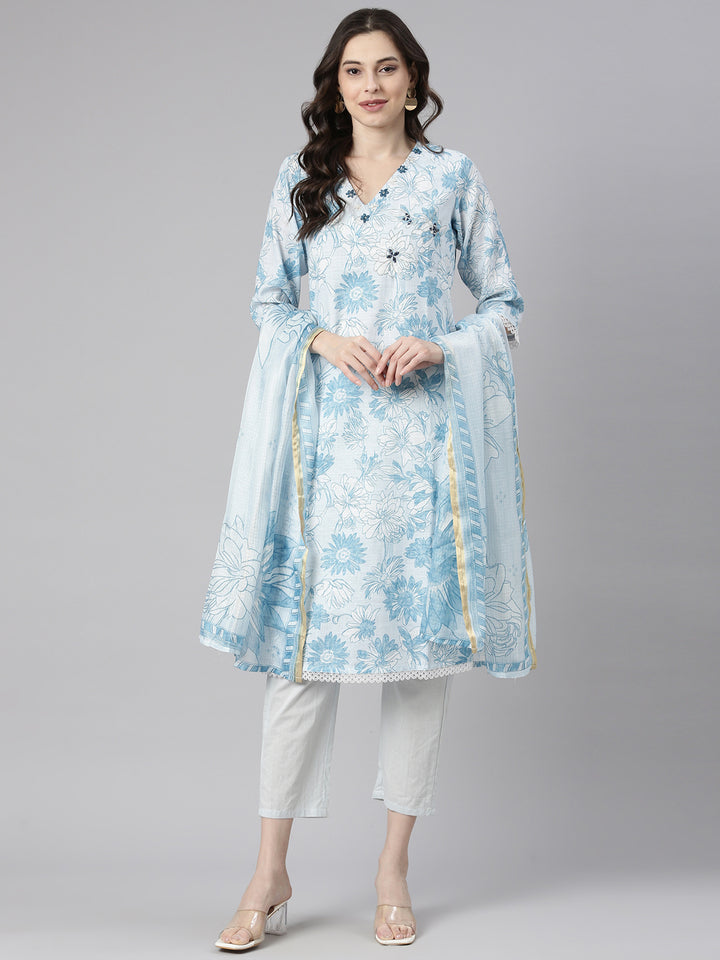 Neerus Blue Printed Straight Kurta and Trousers With Dupatta
