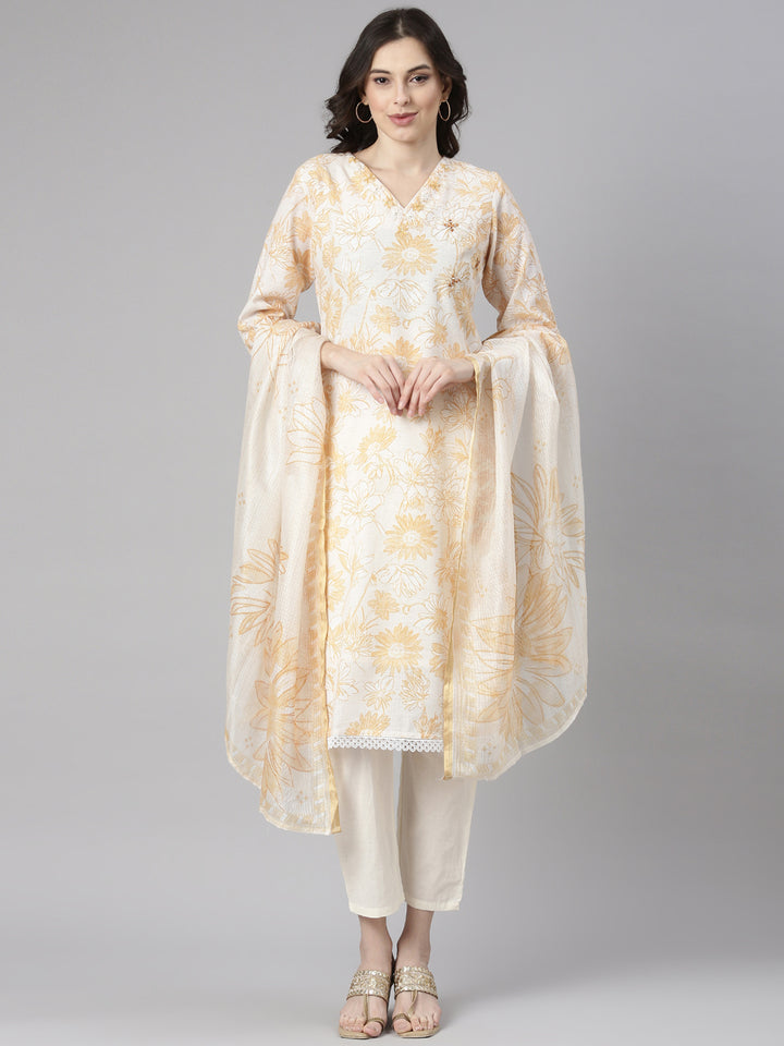 Neerus Yellow Printed Straight Kurta and Trousers With Dupatta