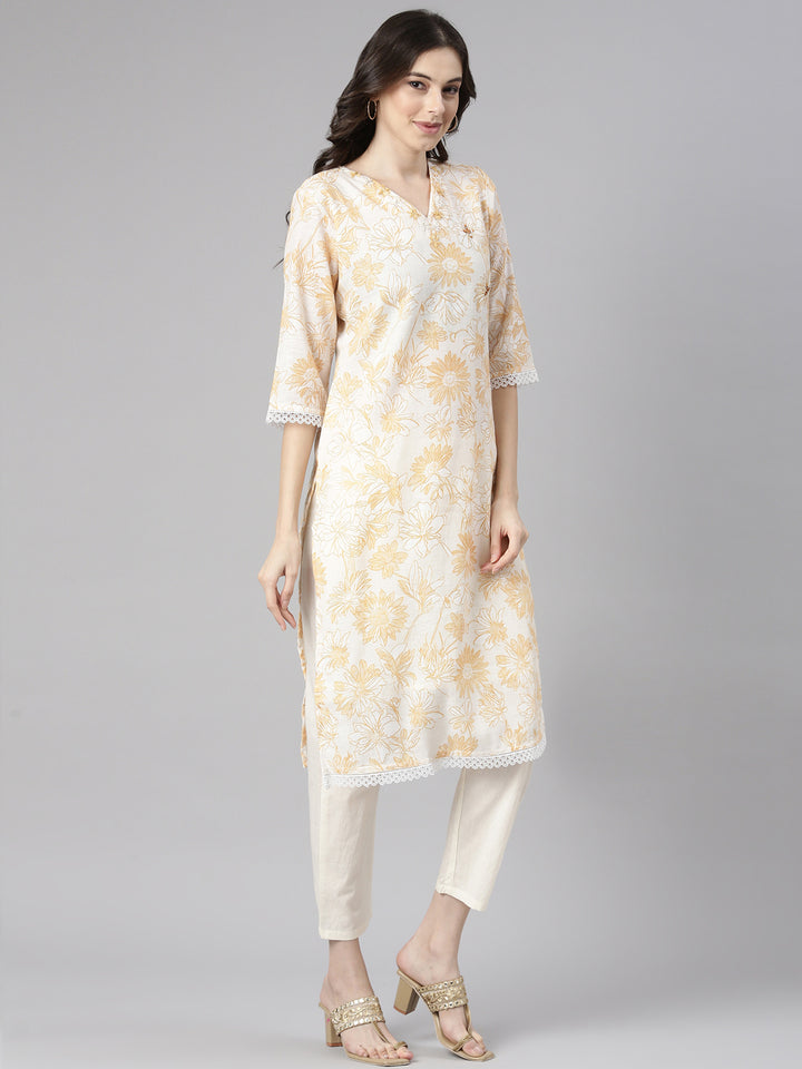 Neerus Yellow Printed Straight Kurta and Trousers With Dupatta