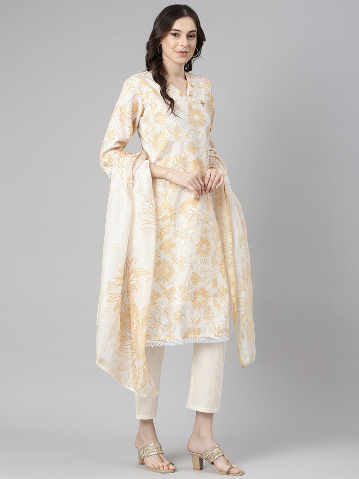 Neerus Yellow Printed Straight Kurta and Trousers With Dupatta