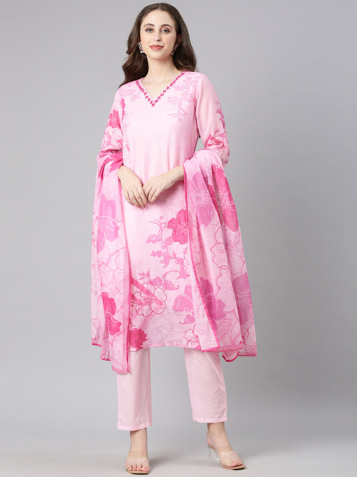 Neerus Rose pink Printed Straight Kurta and Trousers With Dupatta