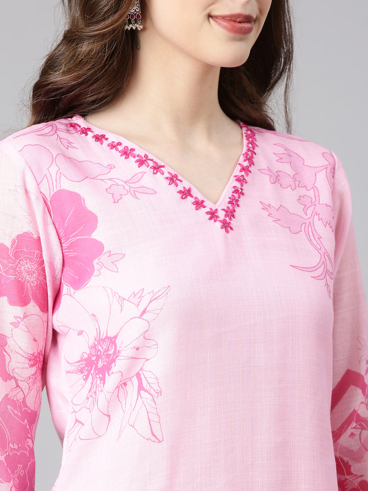 Neerus Rose pink Printed Straight Kurta and Trousers With Dupatta