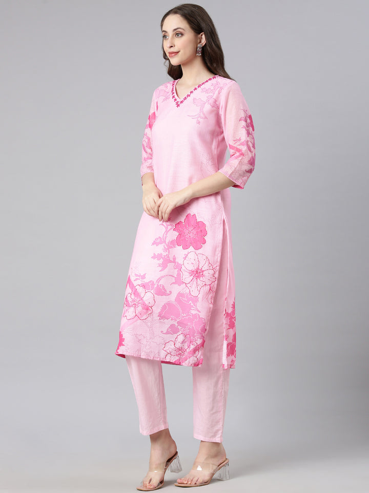 Neerus Rose pink Printed Straight Kurta and Trousers With Dupatta