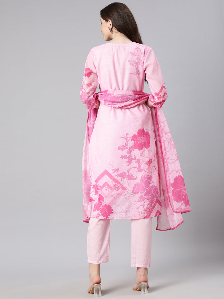 Neerus Rose pink Printed Straight Kurta and Trousers With Dupatta
