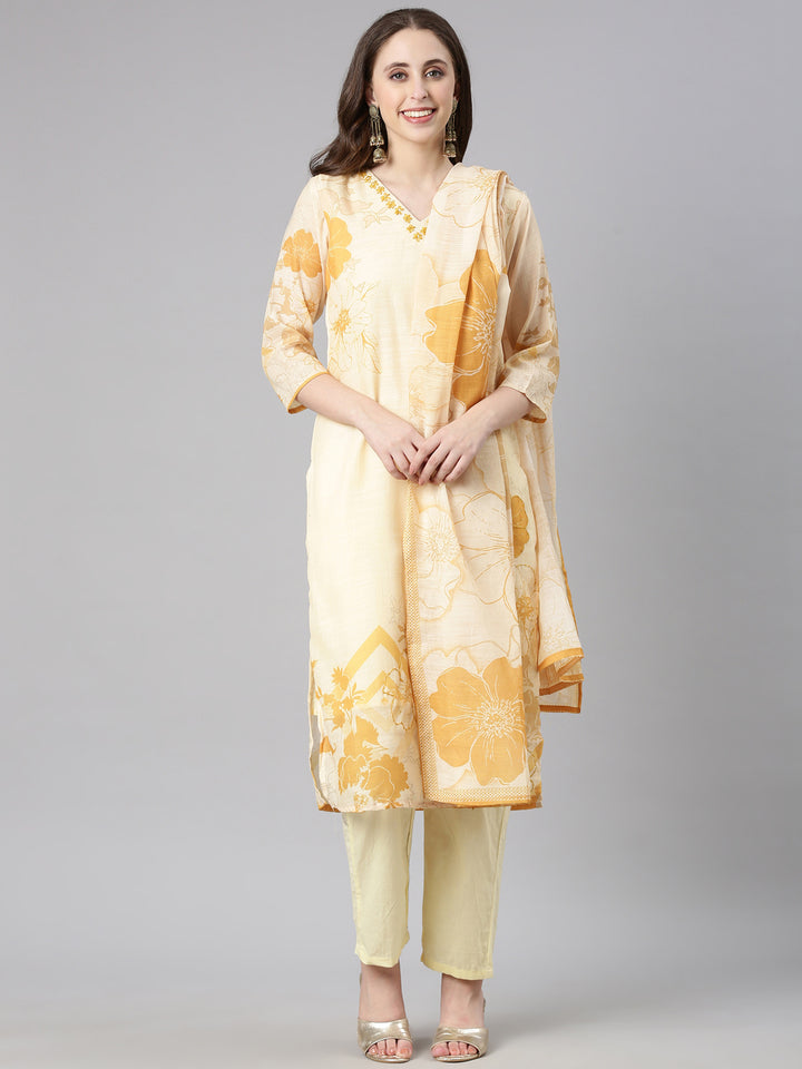 Neerus Yellow Printed Straight Kurta and Trousers With Dupatta
