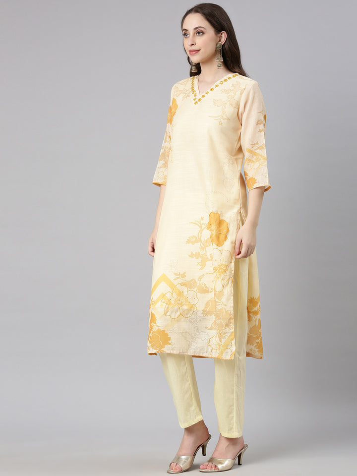 Neerus Yellow Printed Straight Kurta and Trousers With Dupatta