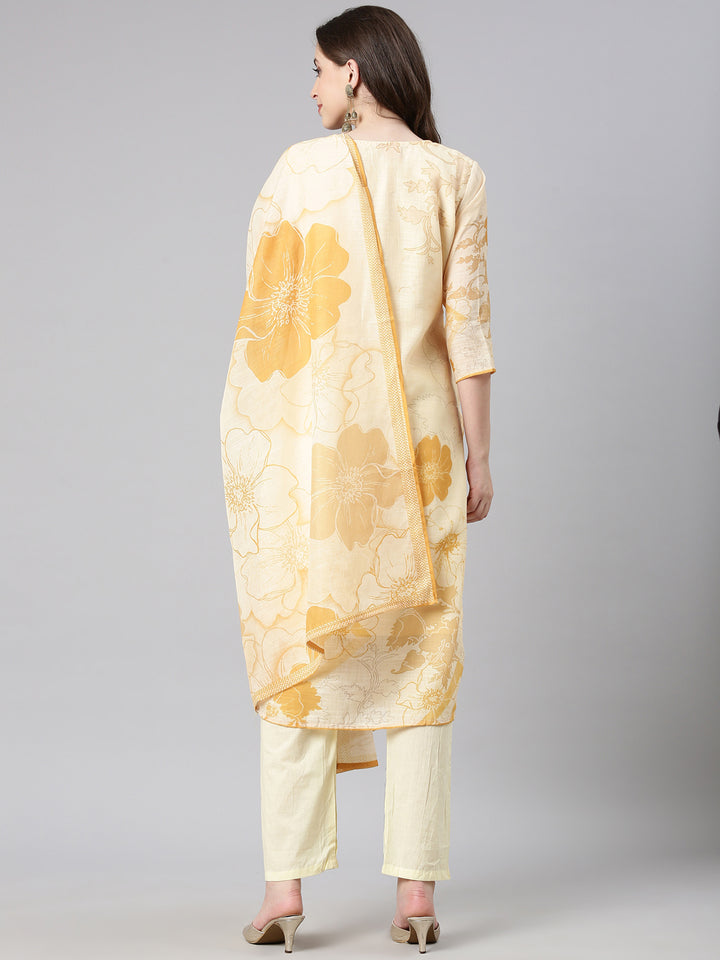 Neerus Yellow Printed Straight Kurta and Trousers With Dupatta