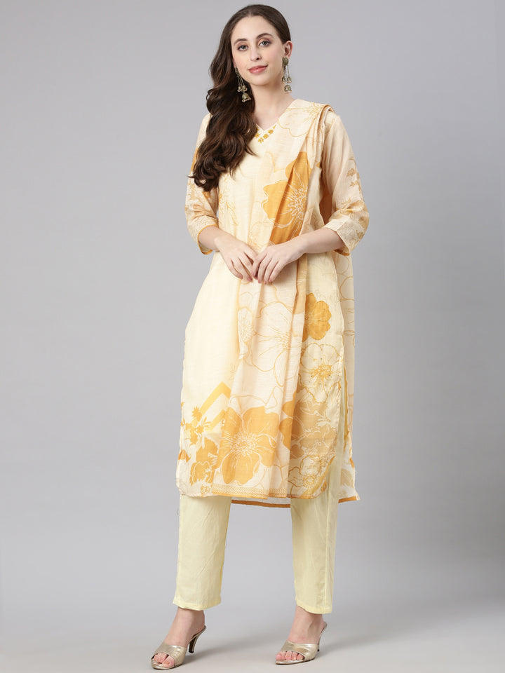 Neerus Yellow Printed Straight Kurta and Trousers With Dupatta