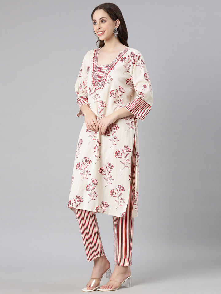 Neerus Red Printed Straight Kurta and Trousers With Dupatta